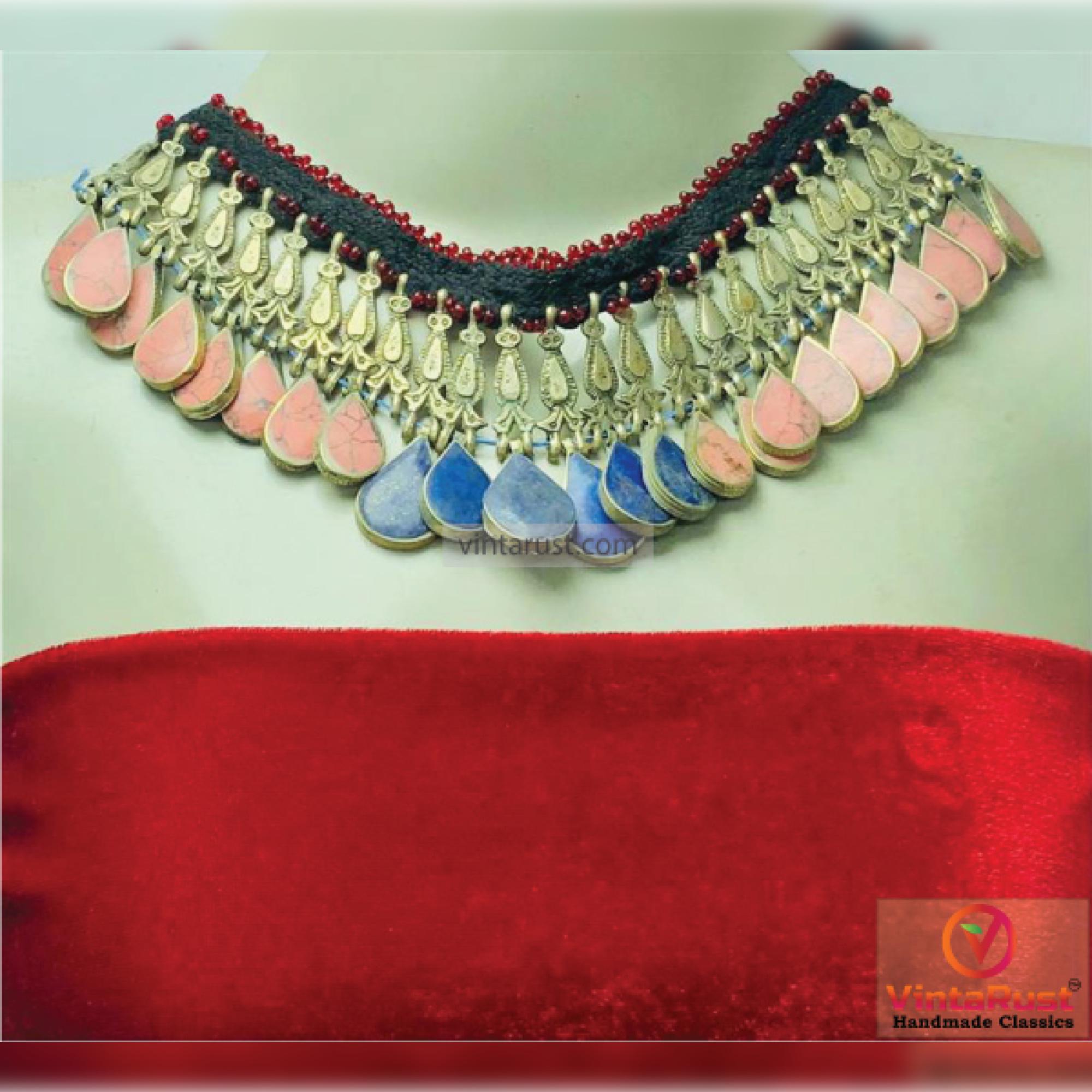 Boho Tribal Statement Necklace | Afghan Kuchi Choker with Colorful Stones | Festival Ethnic Jewelry | Afghan Jewelry