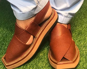 Handmade Leather Peshawari Chappal | Traditional Kaptaan Sandals for Men | Stylish Brown Flat Footwear