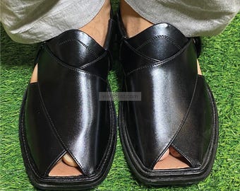 Black Leather Peshawari Chappal for Men: Comfortable Everyday Wear Sandal Shoes