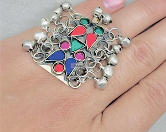 Handmade Afghan Kuchi Ring: Bohemian Tribal Silver Ring with Bells