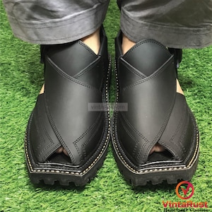 Premium Black Kaptaan Chappal | Leather Peshawari Chappal | Stylish Men’s Leather Sandals | Handmade Leather Men’s Footwear