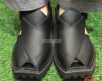 Handmade Black Leather Kaptaan Chappal: Peshawari Sandals