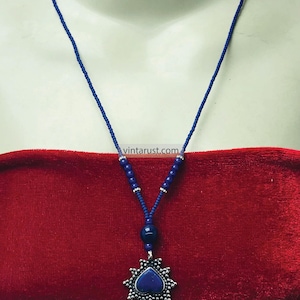 Lapis Lazuli Heart Pendant Necklace: Handmade Blue Beaded Choker