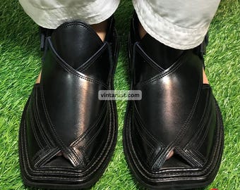 Men's Black Leather Peshawari Chappal: Handmade Traditional Sandals