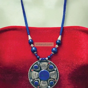 Handmade Lapis Blue Tribal Pendant Necklace: Bohemian Ethnic Jewelry