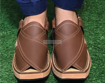 Herren Handgefertigte Braun Leder Peschawori Chappal Sandalen