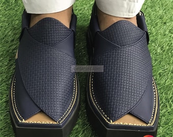 Kaptaan Chappal in pelle blu scuro fatto a mano - Tradizionale sandalo Peshawari