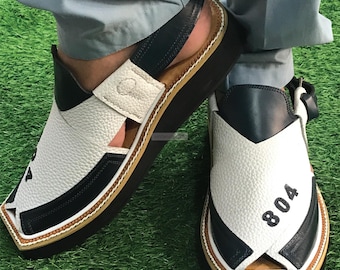 Handcrafted White Leather Peshawari Chappal: Kaptaan Style Ethnic Footwear