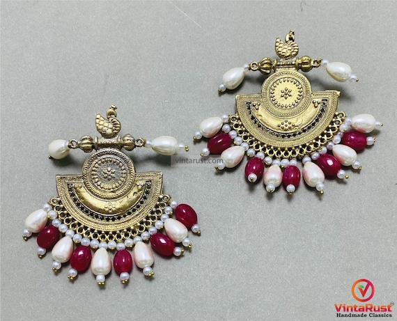 Gold Peacock Earrings: Red White Beads, Bohemian Tribal Jewelry