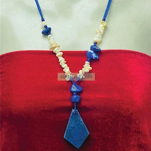 Handmade Boho Lapis Lazuli and Shell Stone Pendant Necklace | Lapis Lazuli Tribal Necklace  | Tribal Statement Jewelry for Women