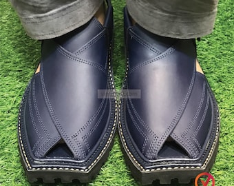 Kaptaan Chappal fatto a mano in pelle blu navy: sandali Peshawari da uomo