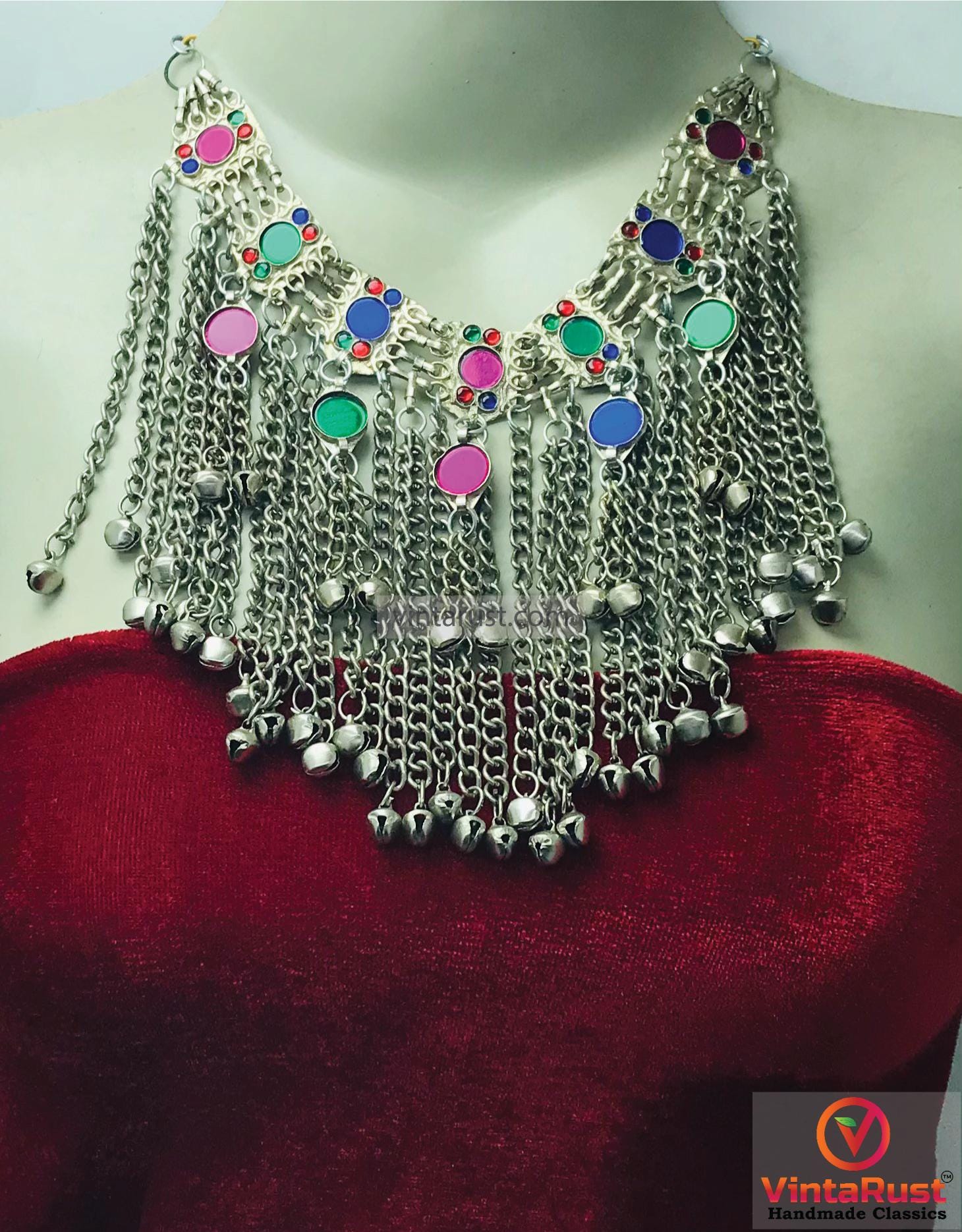 Kuchi Tribal Choker Necklace with Colorful Stones & Bells | Ethnic Boho Jewelry for Women | Statement Silver Big Necklace