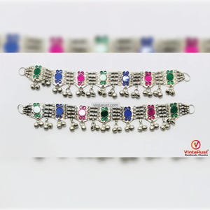 Afghan Tribal Anklets with Colorful Stones and Silver Bells | Handmade Kuchi Boho Foot Jewelry | Ethnic Belly Dance Anklets | Body Jewelry