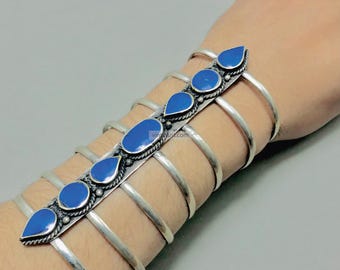 Vintage Afghan Cuff Bracelet: Handmade Boho Jewelry with Blue Stones