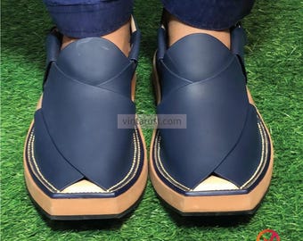 Handmade Leather Peshawari Chappal: Traditional Navy Blue Men's Sandals