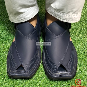 Men’s Traditional Leather Sandals | Dark Blue Peshawari Chappal | Eid & Wedding Wear Shoes | Comfortable Handmade Peshawari Chappal