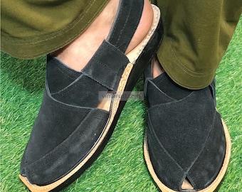 Authentic Peshawari Chappal for Men, Black Suede Handmade Footwear Handmade Black Suede Peshawari Chappal: Men main image 4