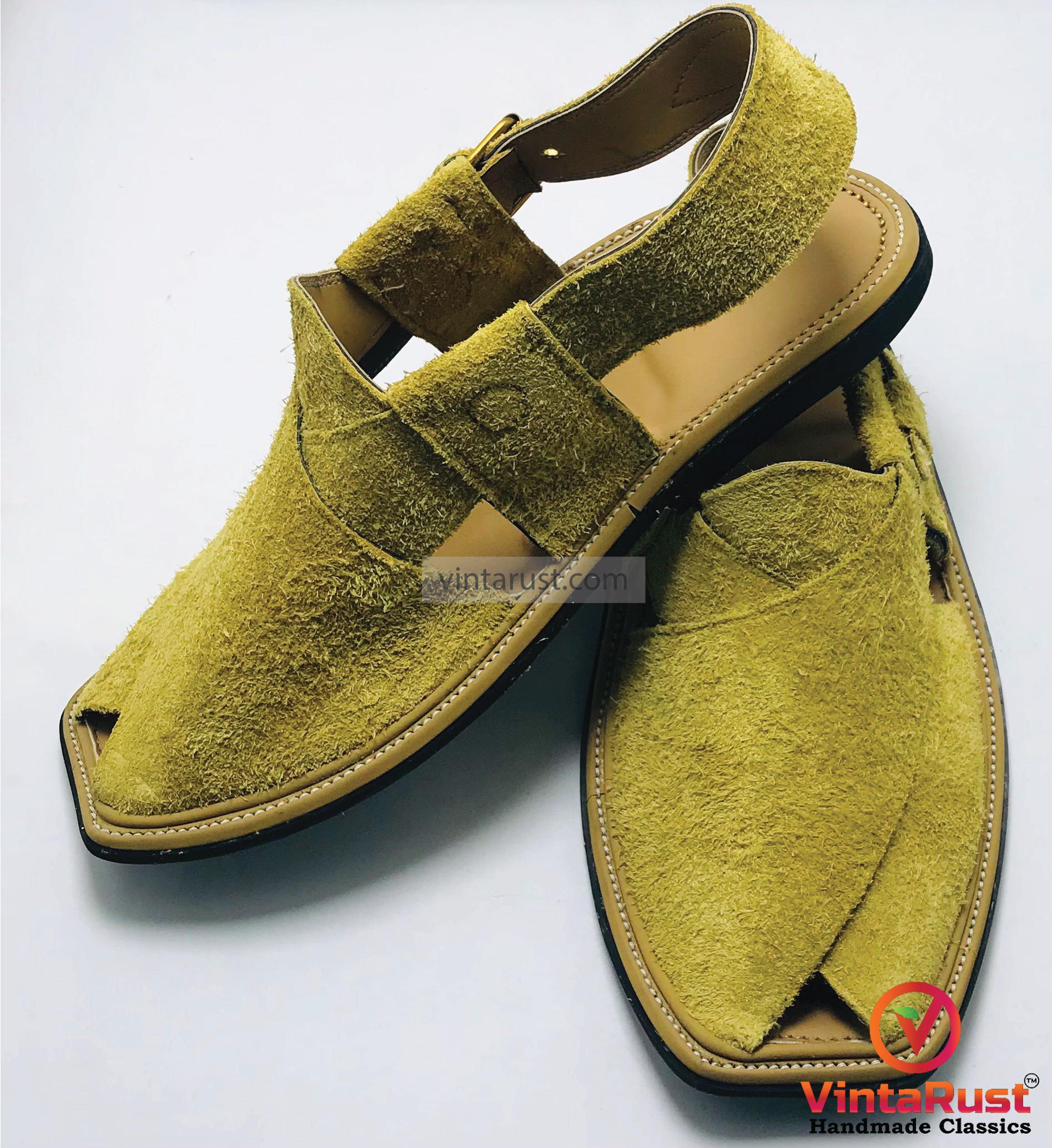 Green Suede Peshawari Chappal: Handmade Leather Men's Sandals