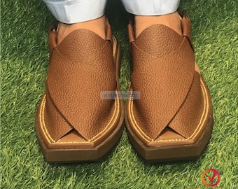 Brown Leather Peshawari Chappal: Authentic Mens Footwear