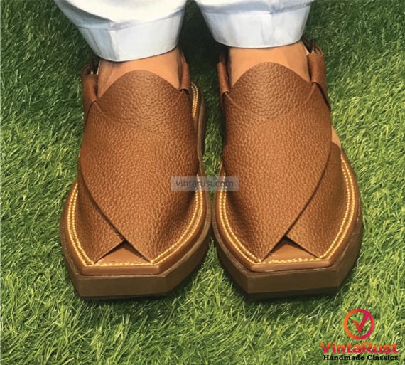 Brown Leather Sandals, Unique Style Handmade Peshawari Chappal Handmade Peshawari Leather Kaptaan Chappal. Crafted by  main image 4