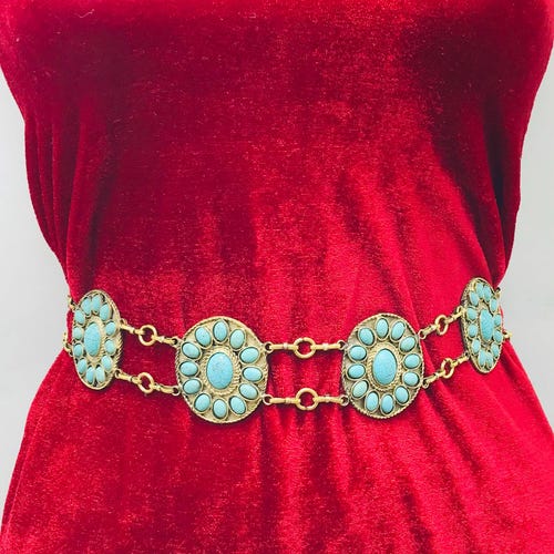 Ceinture vintage en pierre turquoise : chaîne de ventre western rustique