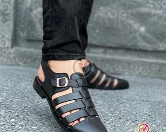 Handmade Black Genuine Leather Sandals, Vintage Men's Gladiator Summer Strappy Shoes