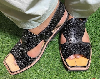 Traditional Peshawari Sandals | Black Leather Dotted Handmade Chappal for Men