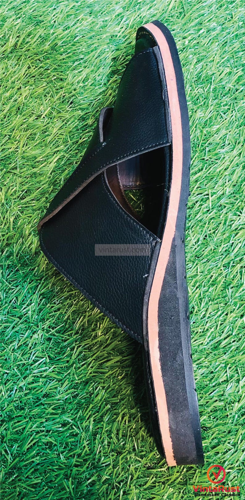 Handgjord svart läder Peshavari Chappal: Traditionell etnisk sandal bild 8