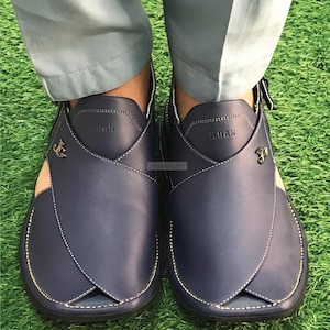 Handmade Navy Blue Leather Peshawari Chappal: Kaptaan Style Sandal