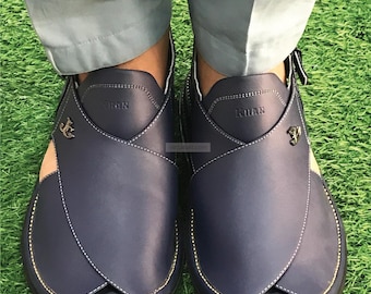 Handmade Navy Blue Leather Peshawari Chappal: Kaptaan Style Sandal