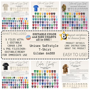 Editable Gildan 64000 color+size chart,Canva Template,Digital download,Tshirt color size chart,Gildan chart,64000 color_size chart