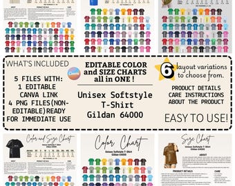 Tabla de colores y tallas Gildan 64000 editable, plantilla de Canva, descarga digital, tabla de colores y tallas de camisetas, tabla Gildan, tabla de colores y tallas 64000