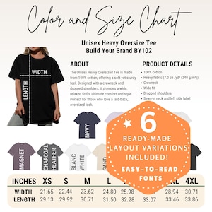 Tabla de colores y tallas editable "Crea tu marca BY102", plantilla de Canva, tabla de colores y tallas "Crea tu marca BY102", tabla de colores BY102, tabla de tallas BY102