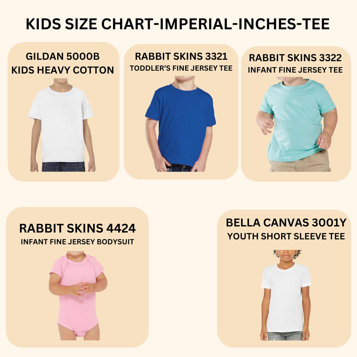 Digital Kids Size Chart, Short Sleeve Size Chart for Kids, Rabbit Skins