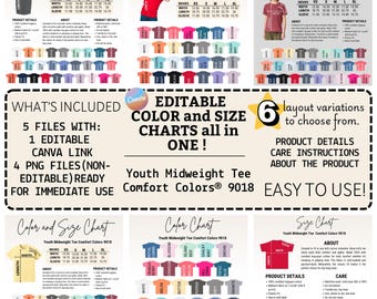 Editable Comfort Colors 9018 Youth Tee Color+Size Chart,Canva Template,Comfort Colors 9018 color chart,9018 size chart,CC 9018 size guide