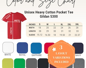 Gildan 5300 Color Size Chart: Unisex Cotton Pocket Tee (Editable Canva Template)