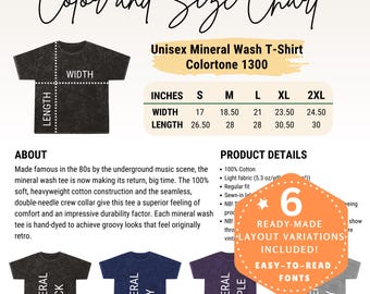 Editable Colortone 1300 Color+size Chart,canva tempalte,Unisex Mineral Wash shirt size color chart,Colortone size color chart,1300 chart