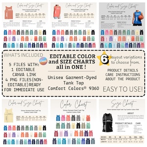 編集可能なComfort Colors 9360タンクトップカラー+サイズ表、Canvaテンプレート、Comfort Colors 9360カラーチャート、9360サイズ表、CC 9360サイズガイド