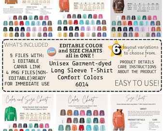 Editable Comfort Colors 6014 Color+Size Chart,Canva Template,Long Sleeve T-Shirt Comfort Colors 6014 chart,Comfort Colors 6014 color chart