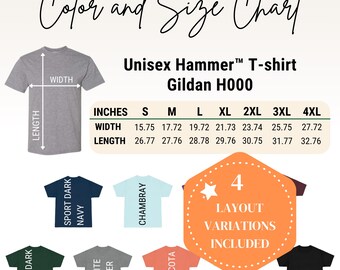 Editable Gildan H000 color+size chart,Canva chart template,Unisex Hammer T-shirt Gildan H000 color size chart,Gildan H000 color size chart