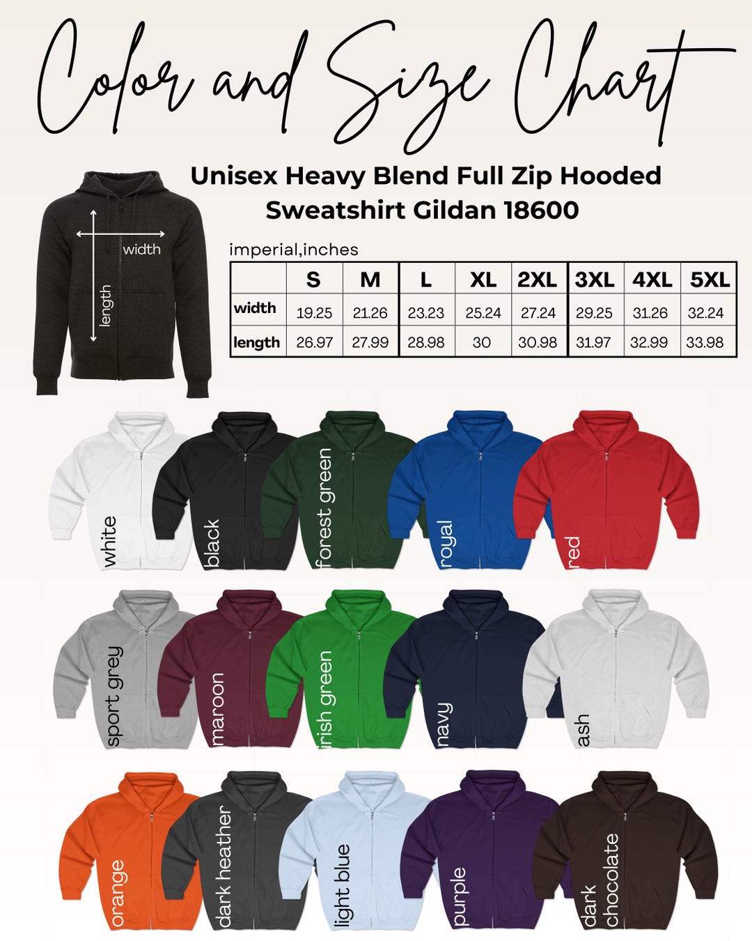 Gildan 18600 Color and Size Chart,hooded Full Zip Size Color Chart ...