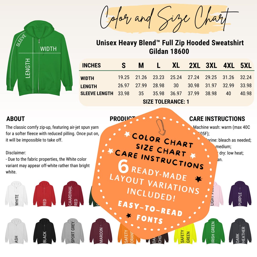Editable Gildan 18600 Color+size Chart,canva Template,zip Hooded ...