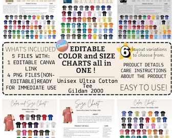 Editable Gildan 2000 Color+Size Chart,Editable Canva Template,Unisex Ultra Cotton Tee Gildan 2000 color+size chart,Gildan size chart