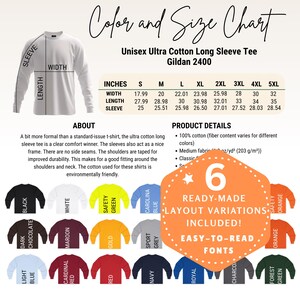 Editable Gildan 2400 color+size chart,2400 Size+color chart,Long sleeves size chart,Gildan size chart,Gildan color chart,Gildan 2400 chart