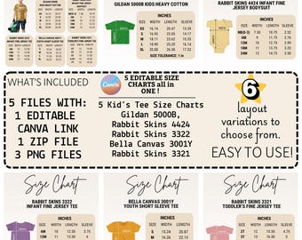 Tabela de tamanhos digitais editável para crianças, tabela de tamanhos de camisetas de manga curta para crianças, Rabbit Skins, Gildan, Bella Canvas, tabela de tamanhos infantis.