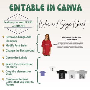 Peut inclure: Mod&egrave;le de conception graphique &eacute;ditable pour un t-shirt pour enfants. Le mod&egrave;le comprend un tableau des couleurs et des tailles avec un t-shirt rouge, blanc, noir, gris cendr&eacute; et gris sport. Le texte "Kids Heavy Cotton Tee Gildan 5000B" est inclus dans le tableau.