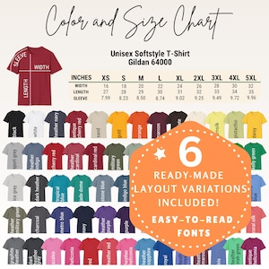 EDITABLE Gildan 64000 color and size chart,Unisex t-shirt size chart,64000 color and size chart,color size chart,printify color,Gildan 64000