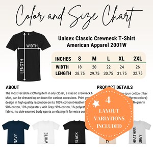 Editable American Apparel 2001W color+size chart,Canva chart Template,Unisex Classic tee American Apparel color size chart,2001W chart
