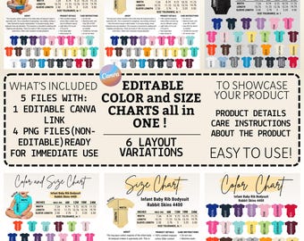 Tabla de colores y tallas de pieles de conejo editables (RS 4400), plantilla de Canva, tabla de colores y tallas de monos, descarga digital, RS 4400