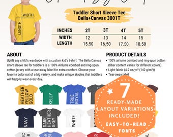 Editable Bella+Canvas 3001T Color+size chart,Canva chart template,toddler color+size chart,toddler size chart,3001t size,3001t chart,digital